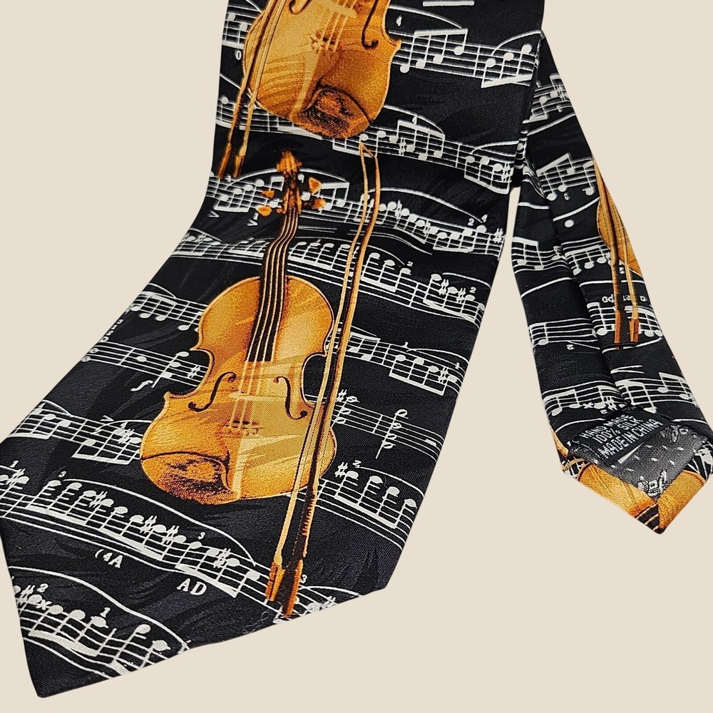 Vintage Necktie Keith Daniels Black 100% Silk Violin Sheet Music Symphony